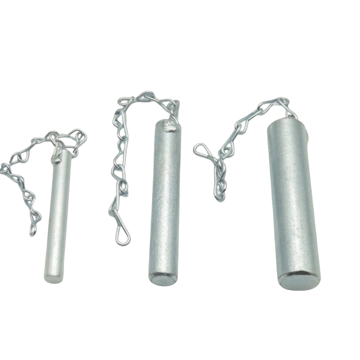 Genuine Melco replacement axle stand load pin with retaining chain and R-clip, bright zinc plated steel, made in Sheffield