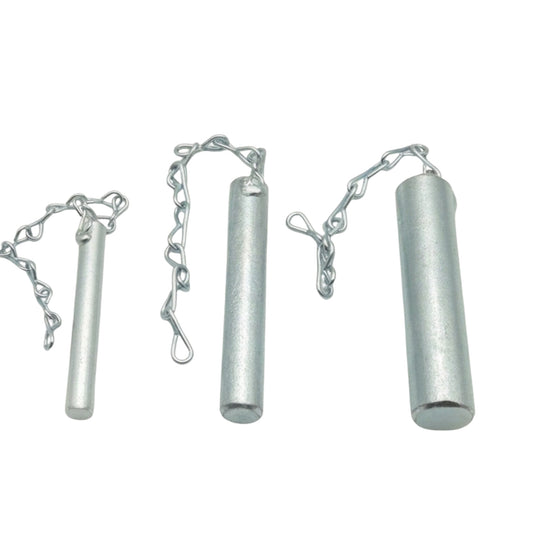 Genuine Melco replacement axle stand load pin with retaining chain and R-clip, bright zinc plated steel, made in Sheffield